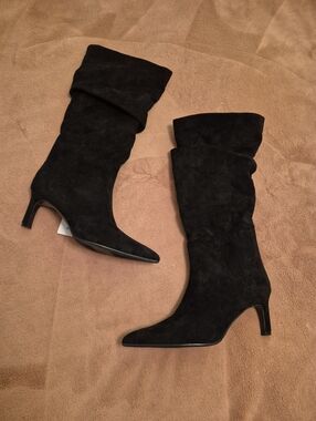 NWT Time And Tru Women's Black Faux Suede Mid-Calf Heeled Boots Size 8.5